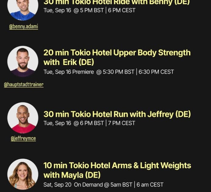 Peloton's Tokio Hotel class list. Image credit Peloton social media.